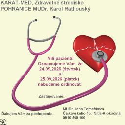 MUDr. Rathouský nebude ordinovať 24. a 25. septembra 2026, zastupuje MUDr. Jana Tomečková